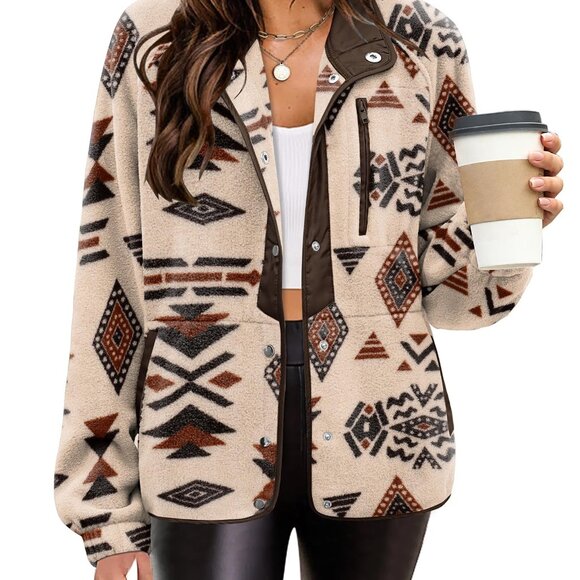 Cozy Fleece Jacket Western Aztec Print Snap Button Down Coat with Pockets